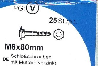 25 Stück Schloßschrauben mit Muttern M6x 80mm