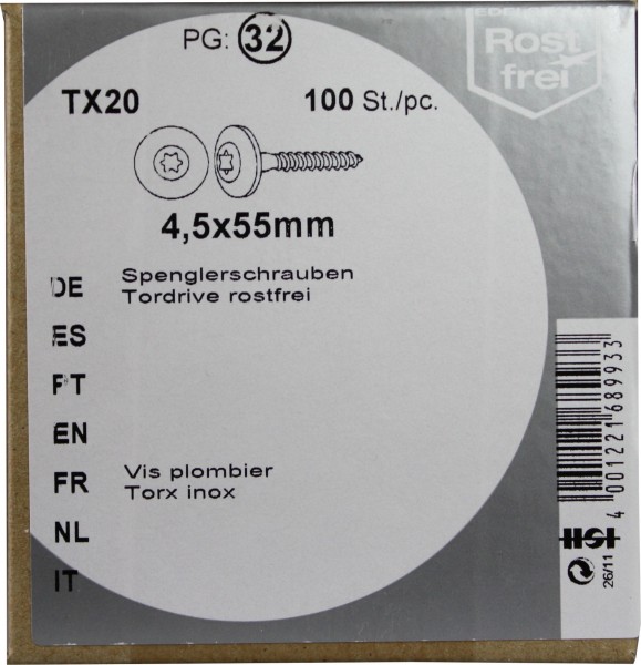 100 Spenglerschrauben Tordrive V2A 4,5x 55mm