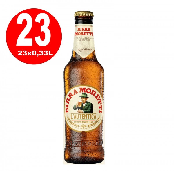 23 x Birra Moretti L'autentica 4,6% vol. Originalkiste 0,33L Flasche MEHRWEG