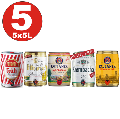 5x5 Liter Fässer Bier No:2- Krombacher, Paulaner Hefe,, Münch. hell, Früh  Kölsch, Bitburger 4,8 -5% online auf Rechnung kaufen | my-food-online