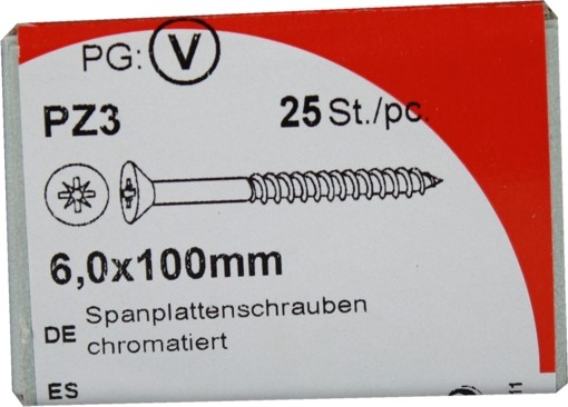 25 Stück Spanplattenschrauben Pozidrive chromatiert 6,0x100mm KP 25