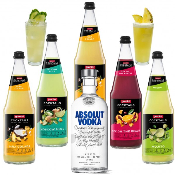 Granini Vodka Cocktail Premix 5 x 1L glasflaschen und 1 x Absolut Wodka 0,7l Flasche 40 % vol.